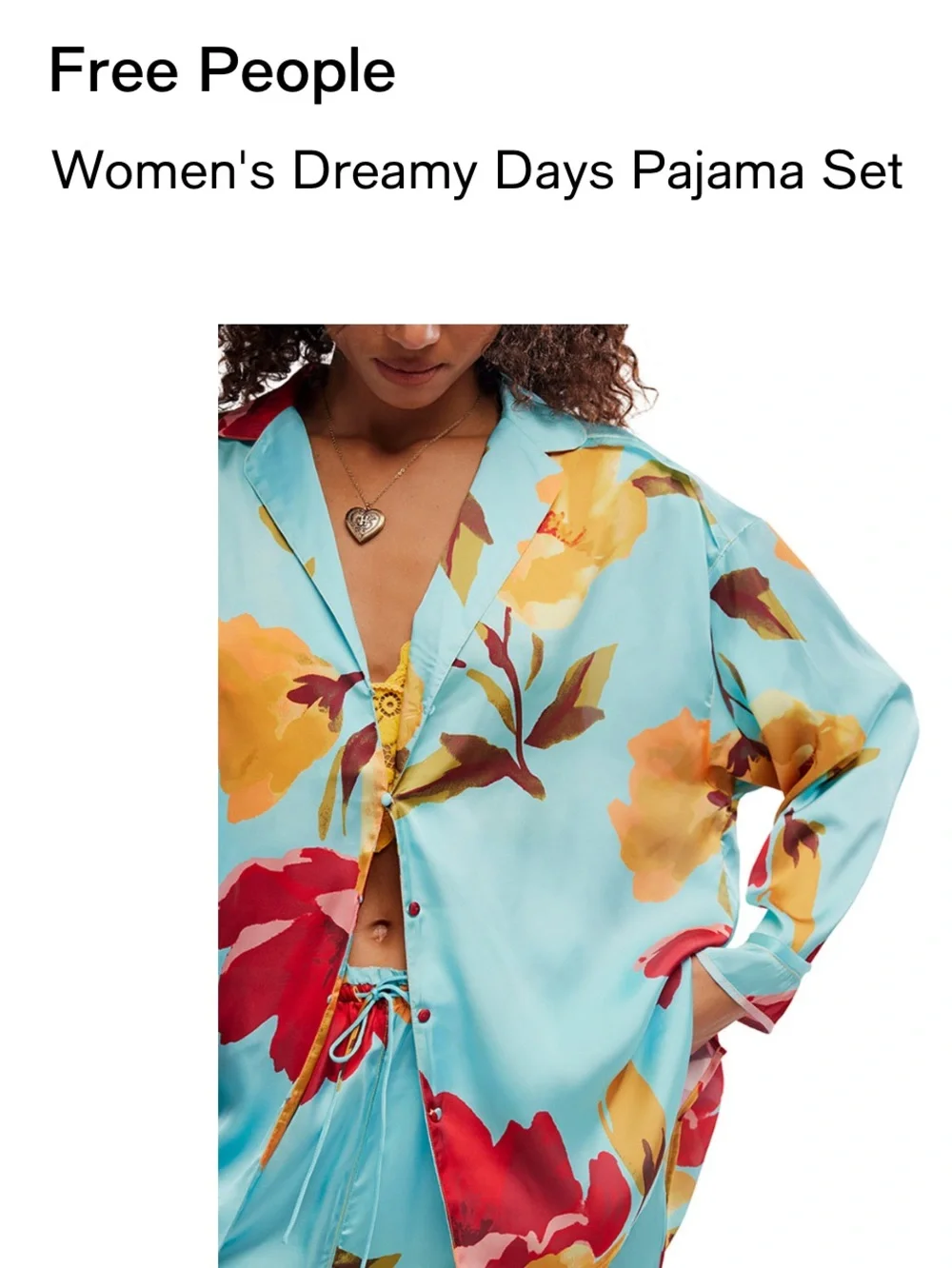 Free People Floral Satin Pajama Set in Aqua with Red & Yellow Blooms